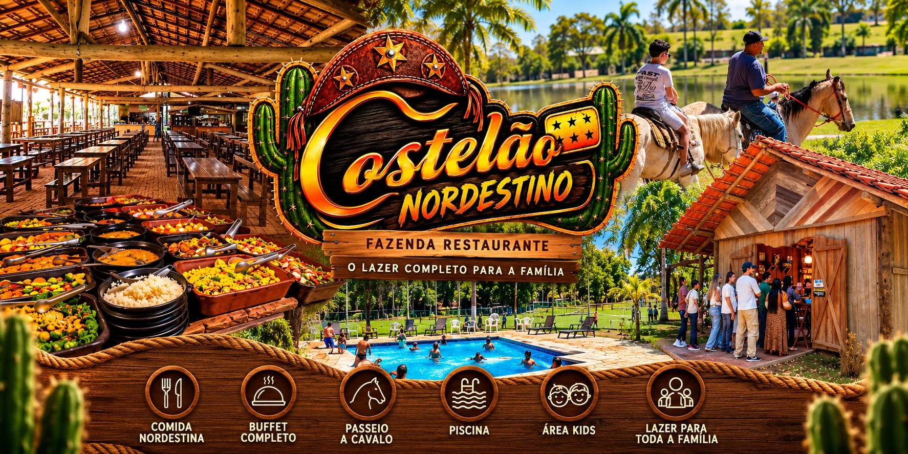 Costelão Nordestino, Fazenda Restaurante. O lazer completo para a família: comida nordestina, buffet completo, passeio a cavalo, piscina, área kids e lazer para toda a família
