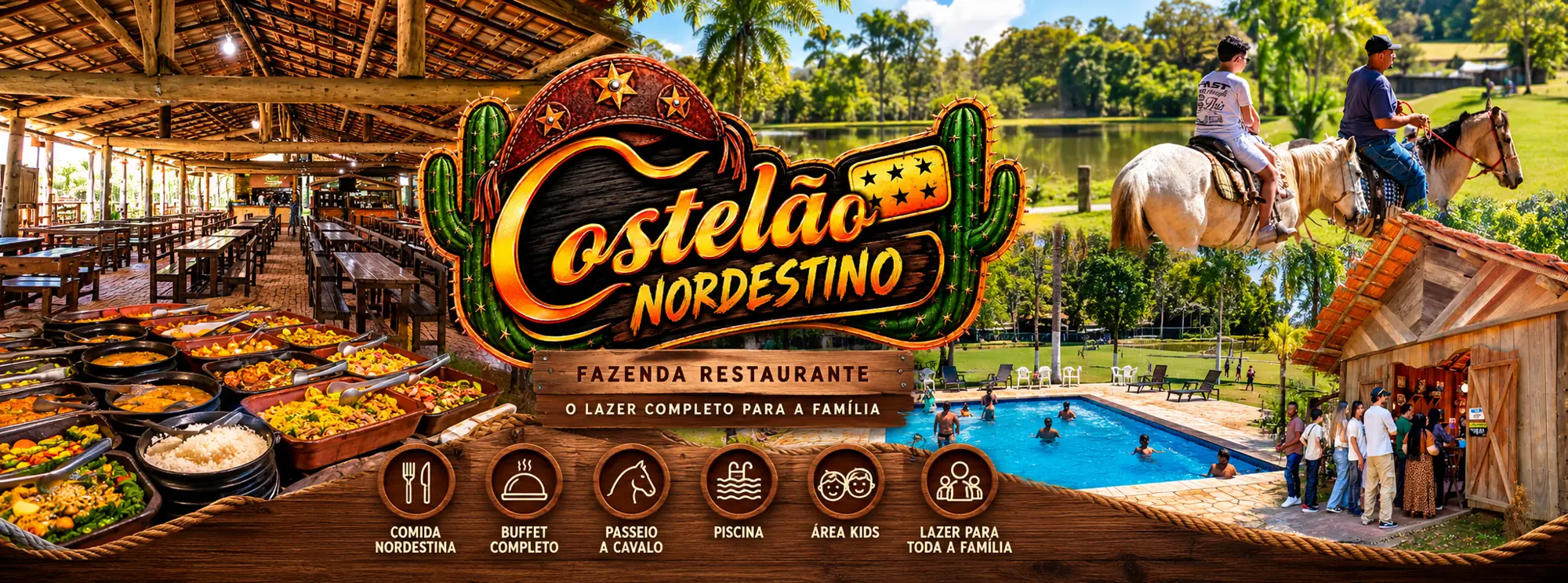 Costelão Nordestino, Fazenda Restaurante: comida nordestina, buffet completo, passeio a cavalo, piscina, área kids e lazer para toda a família